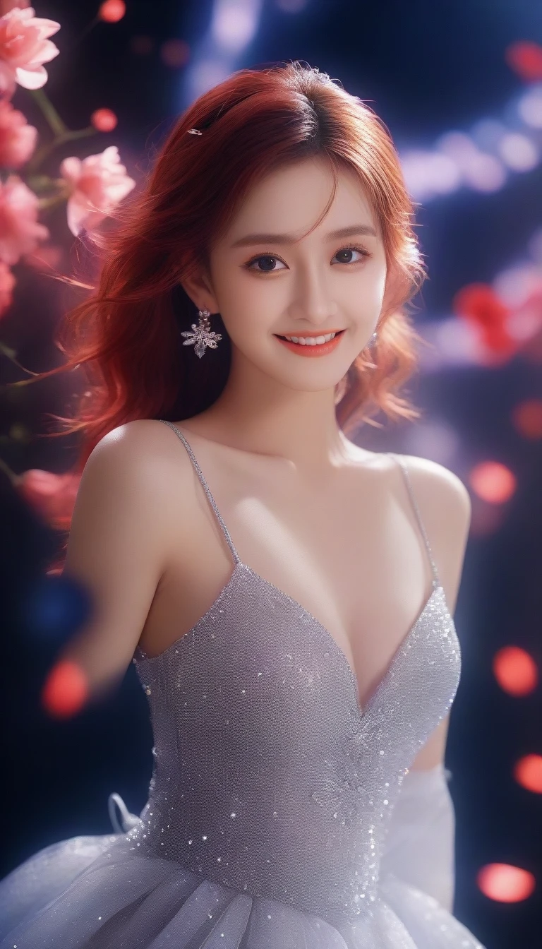 highly detailed, 8k, masterpiece, 1girl, Red tied_hair, dress , crazy_smile, (perfect_face), detailed_background, full_body, bloom,(beautiful lighting:1.3), caustics, dynamic lighting, from_below