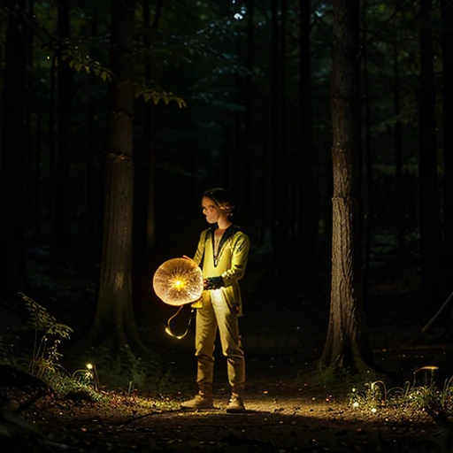 Magical humanoid healer mushroom in forest at sunset enchanted with colorful fireflies behind Yellow bioluminescence looks like young man