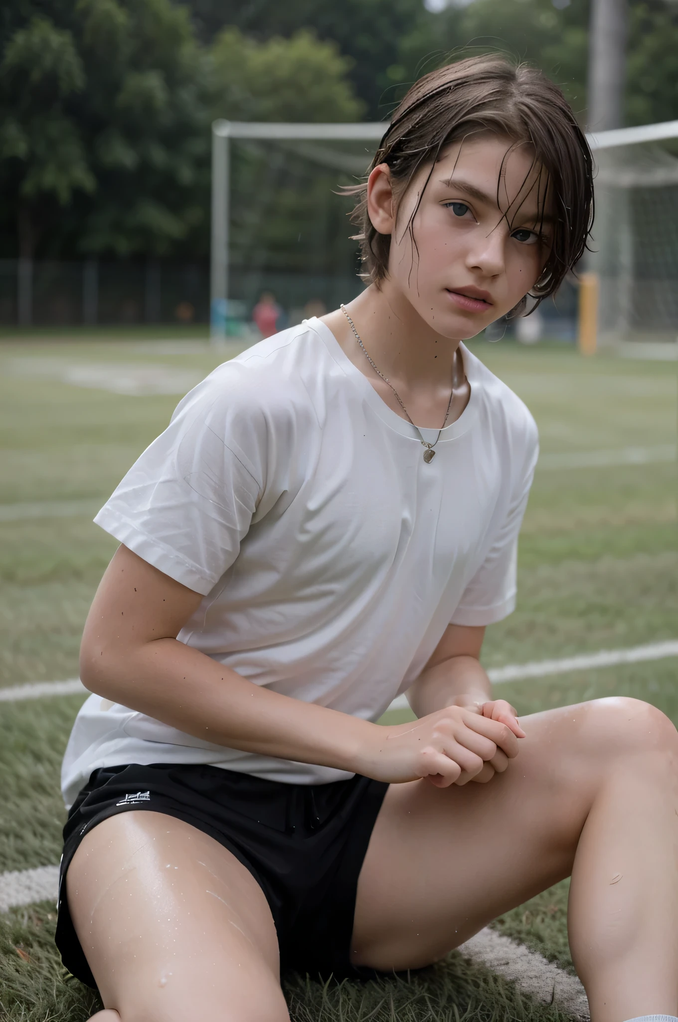A 13-year-old boy with long, pale yellow hair, pale blue eyes, and pale pink lips, with a white, hairless body, in black shorts, without a t-shirt, is sitting on the soccer field and it's raining. And his body and hair are wet. And the necklace is delicate. There is silver on the boy's neck