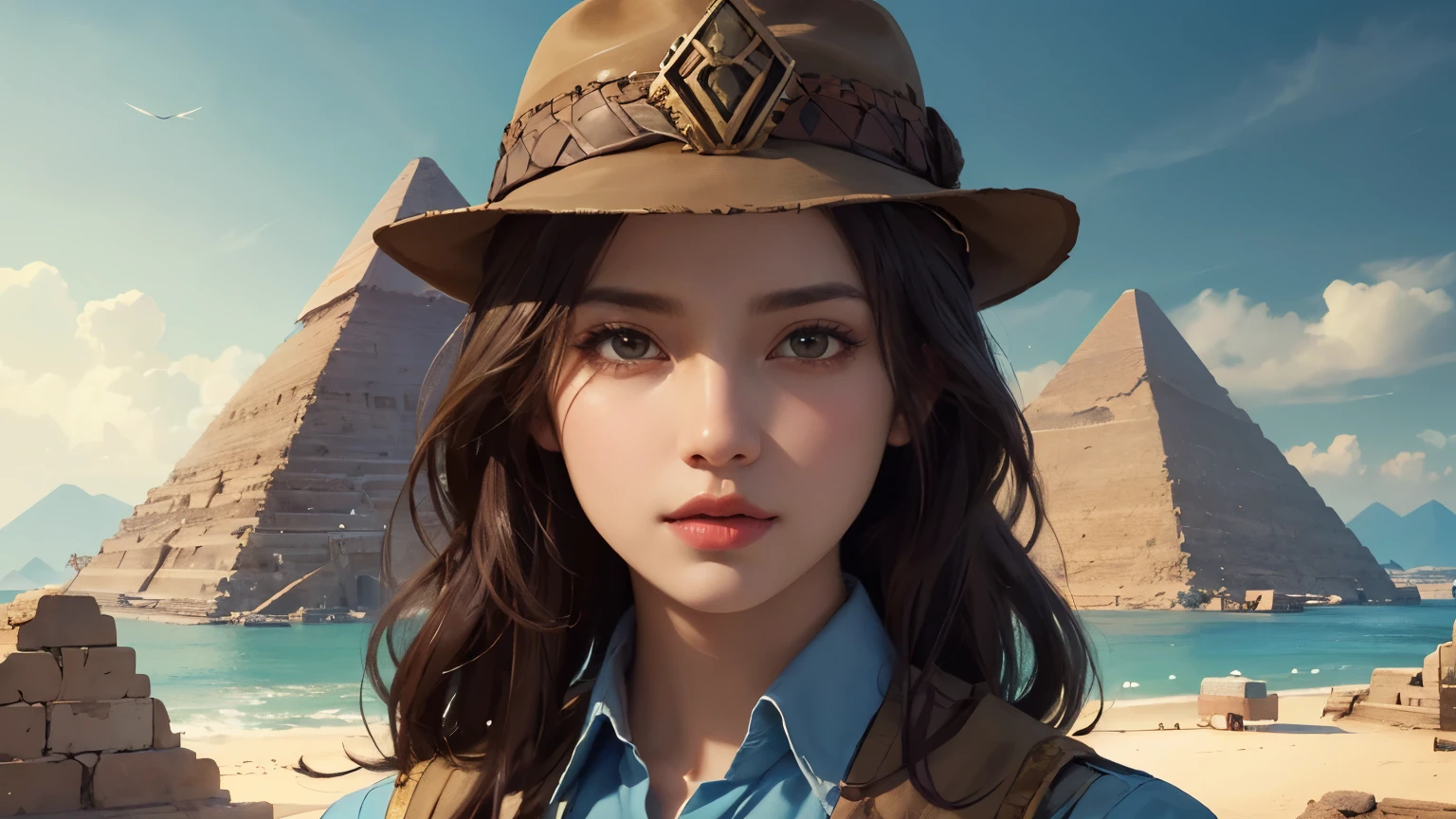 Arabian woman in a hat and blue shirt standing in front of the pyramids, Portrait of a female ranger, Android girl in Egyptian ruins, Magnificent portrait illustration, avatar image, character art portrait, detailed painting 4k, Detailed portrait, 4k detailed digital art, close up of character art, background artwork, portrait of an adventurer, Alexandra Fomina Art Station