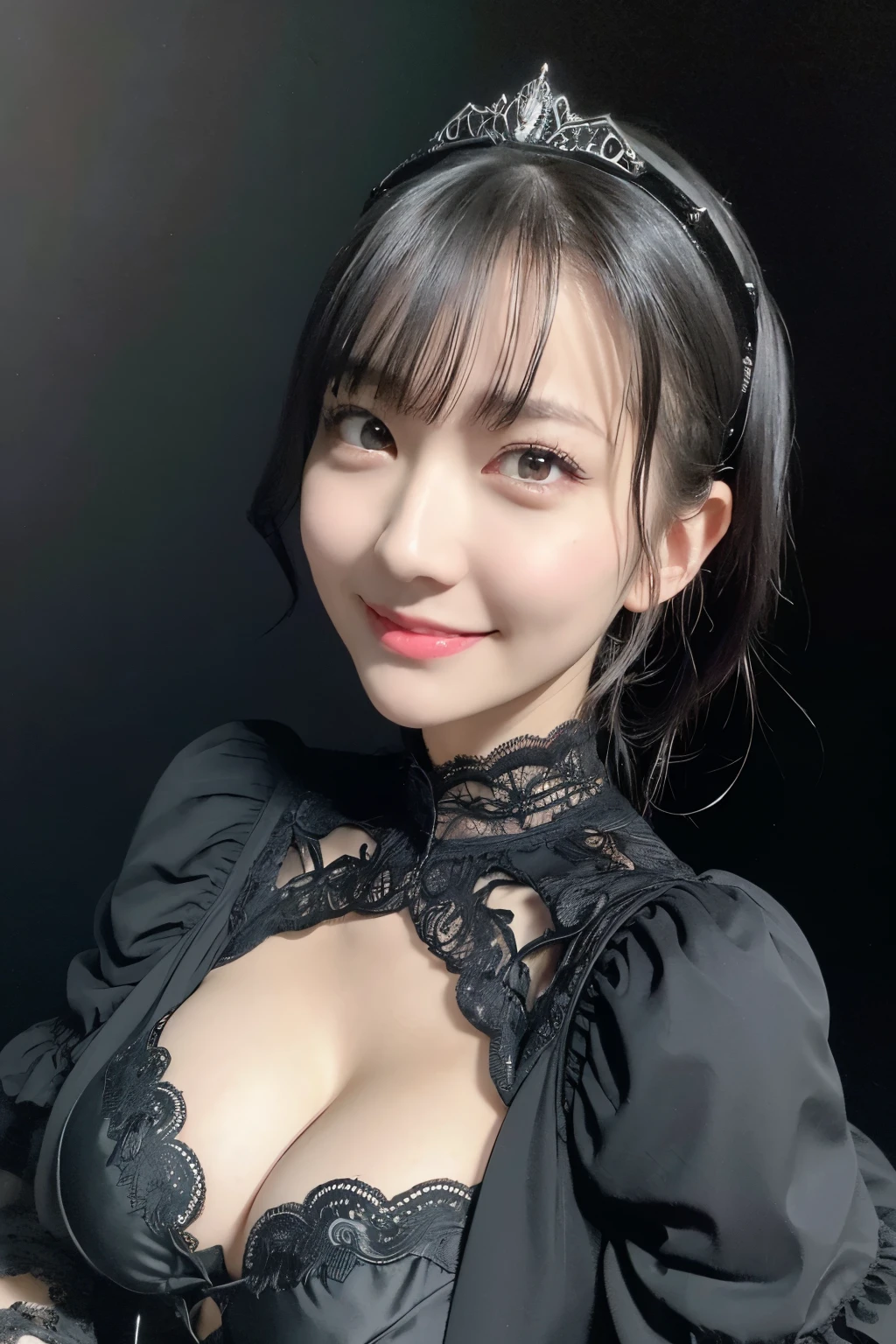 absurderes, masutepiece, Best Quality, nffsw, 1girl in, Mature Woman, (Sharp Focus), Villain's smile, medium breasts, (Hair on long black background), (grey eyes), (Detailed eyes), Gothic lace costumes, Black and Red theme, Realism, Black_castle, Ultra-detailed, Vivid, Intricate details, Photorealistic