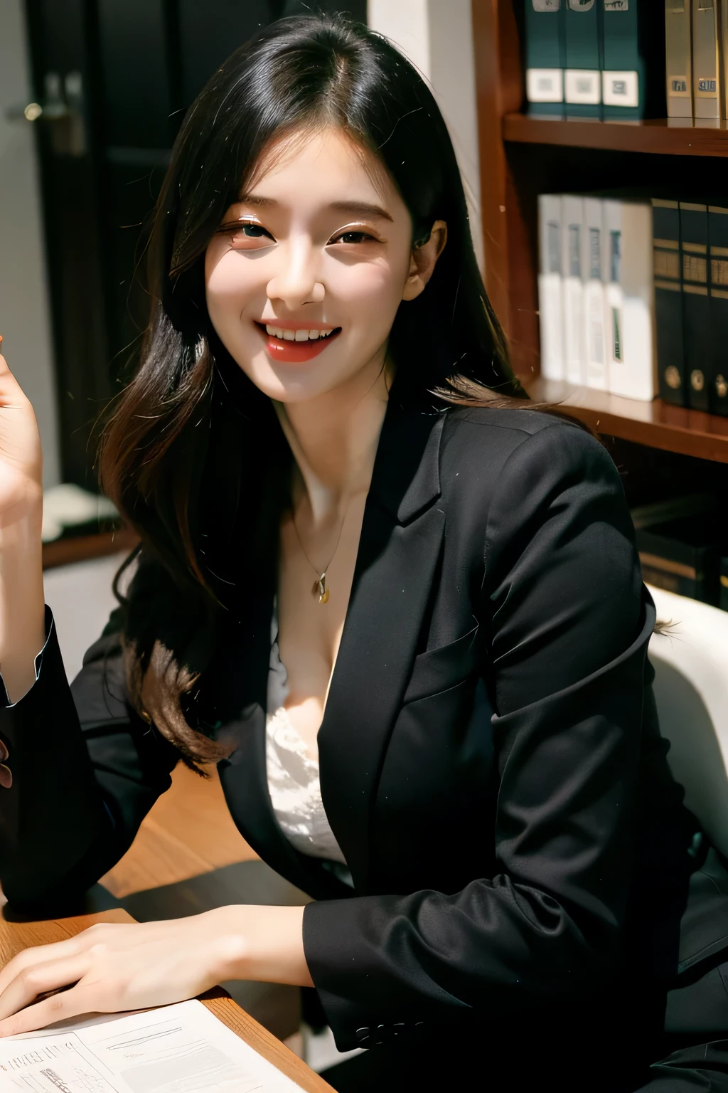 ((best quality)), ((masterpiece)), (detailed), perfect face, laugh, laugh out loud, black suit, black blazer, ((office))