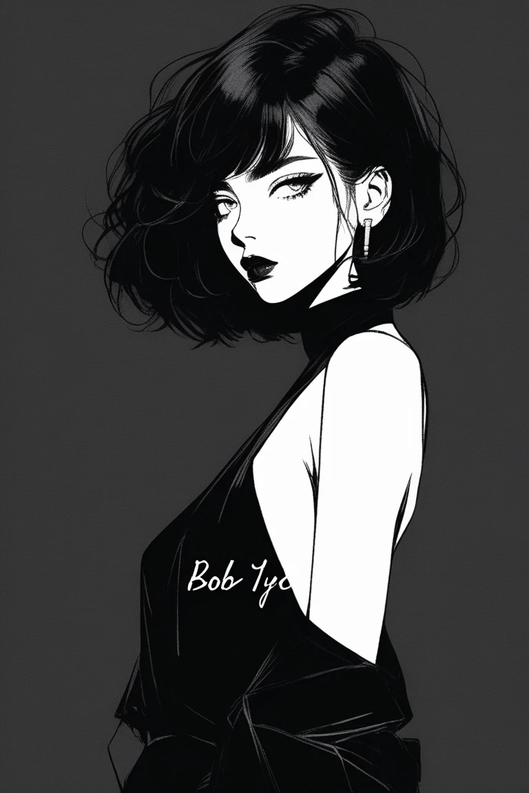 (best quality, sketch:1.2),realistic,illustrator,anime,1 girl, detailed lips, black dress,custom, (background dark monochrome),neon hair,textured cropping, masterpiece, style retro classic, noir dark, art, sketch book, (bob hair black:1.75 neon:1.32), bad women , dark monochrome background 