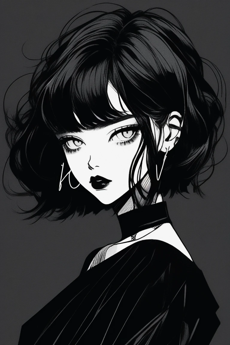 (best quality, sketch:1.2),realistic,illustrator,anime,1 girl, detailed lips, black dress,custom, (background dark monochrome),neon hair,textured cropping, masterpiece, style retro classic, noir dark, art, sketch book, (bob hair black:1.75 neon:1.32), bad women , dark monochrome background 