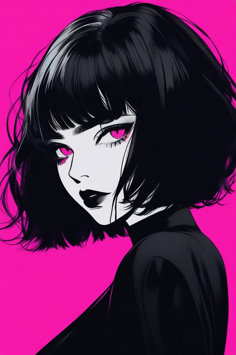 (best quality, sketch:1.2),realistic,illustrator,anime,1 girl, detailed lips, black dress,custom, (background dark monochrome),neon hair,textured cropping, masterpiece, style retro classic, noir dark, art, sketch book, (bob hair black:1.75 neon:1.32), bad women , dark monochrome background