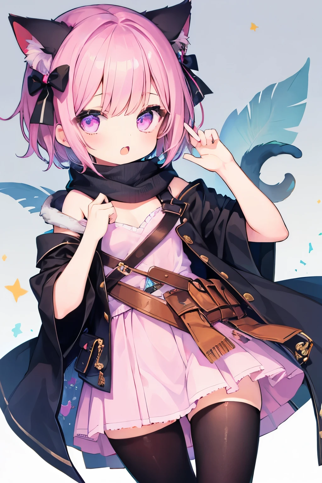 Very beautiful and shining eyes、shining eyes、((1 girl))、small breasts、big mouth、high school girl、small breasts、Cat ear、Transparent pink short hair、scarf、hot pants、transparent clothes、childish clothes、7 year old girl