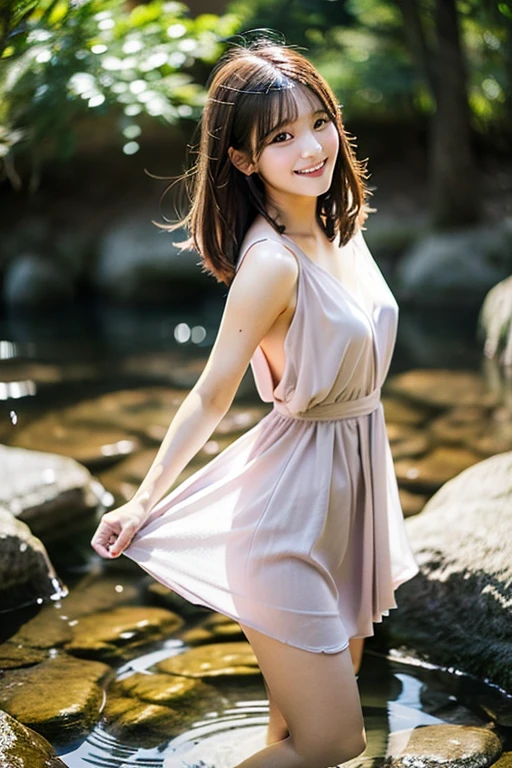  highest quality、Super detailed,、finely、High resolution、beautiful eyes、short hair、hair fluttering in the wind、brunette hair、Standing in the creek、19 year old beauty、Full body photo、cute smile、face light、sheer pink dress、eight-headed body、Kicking up water with feet、beautiful woman、gravure、sexy、beautiful skin、japanese woman