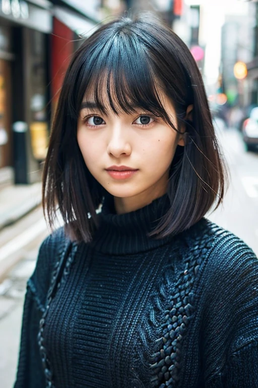 japanese girl,black hair,21 years old,bob with bangs,Loose knit,