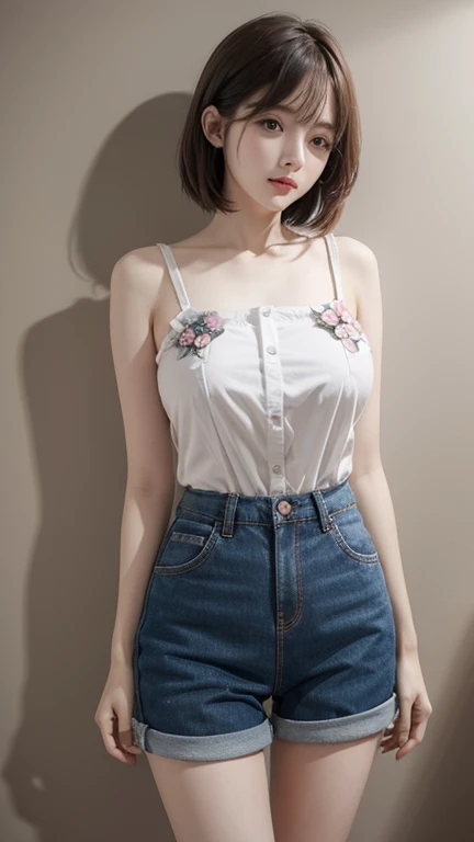 Single strap shirt thin flower pattern , Short pants , big breast