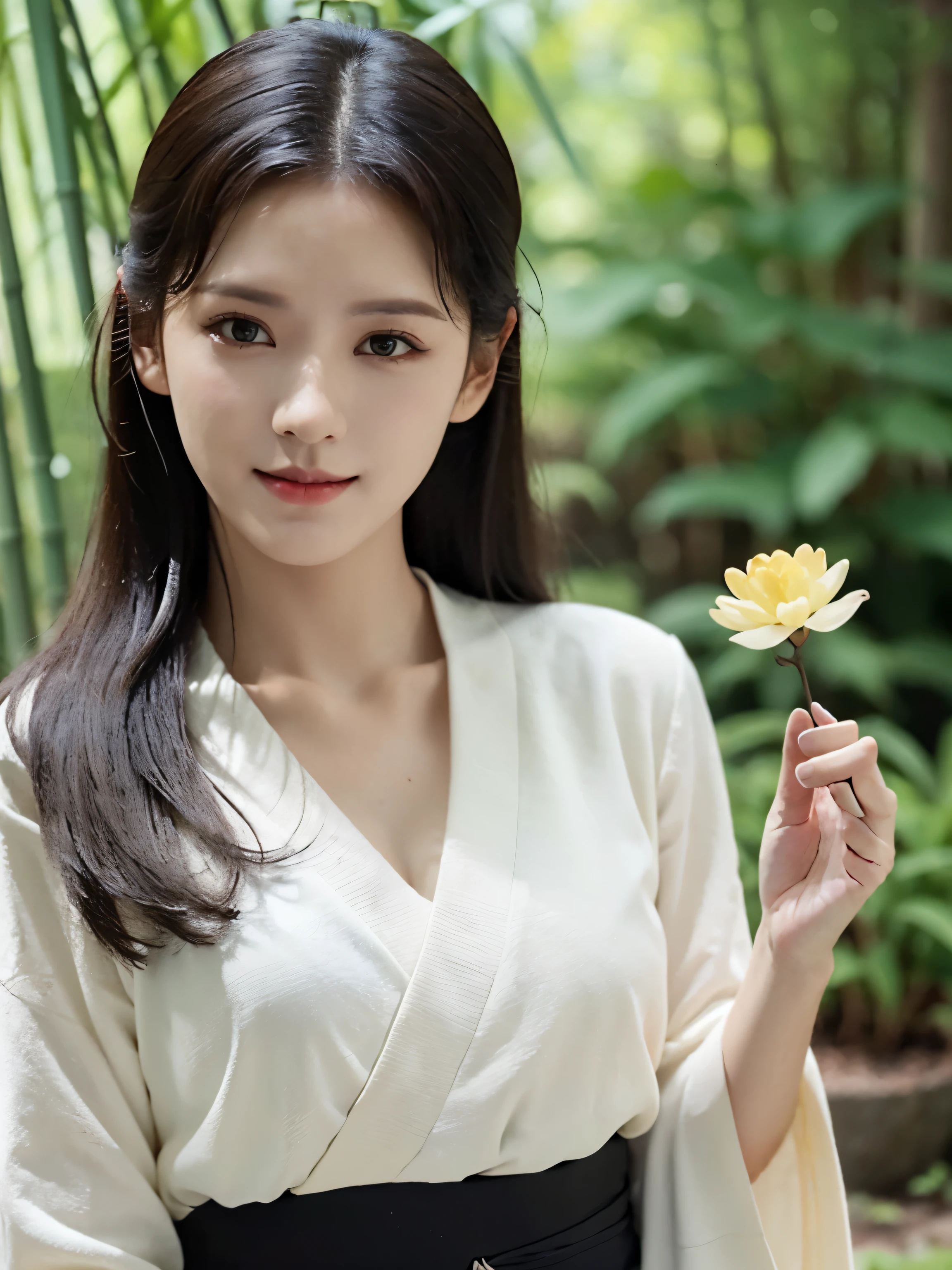 headlight,Tree, plant, palm_Tree, wexister, 1 girl, flower, pond, Japanese_clothing, hair_decorexistions, potted_plant, hair_flower, lily_pad, alone, bamboo, branch, lake, white_Common,, sky, sash, watching_exist_peeping exist the viewer, Grass, bushing, bridge, Heart, Wide_sleeve, Smile, long_hair, leaf, breast,(half body,close up:1.3),face lighting