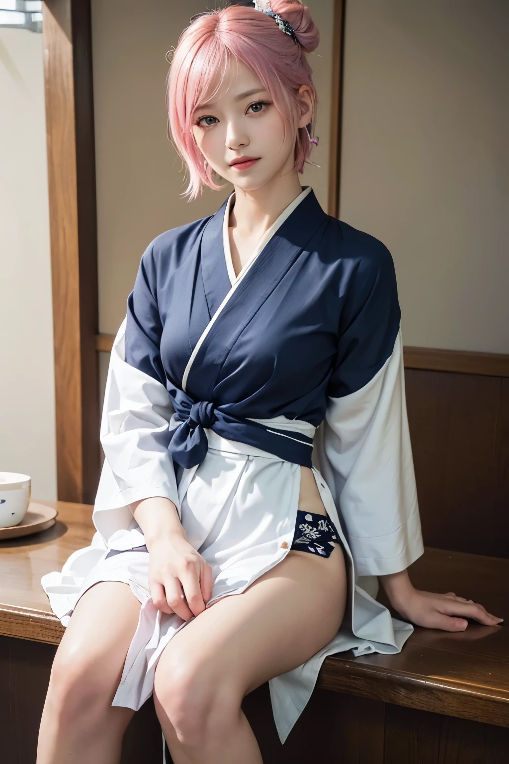 (8K, highest quality, masterpiece:1,2), (realistic, Photoreal:1.37), Super detailed, one girl,), (very detailed), (detailed and beautiful eyes), (highest qualityの), (Super detailed ), (masterpiece), (detailed face),20-year-old, ,1 girl, ((pink hair,very short hair)), medium breasts, dressed, perfect lighting, break (navy blue haori:1.3), (white collar:1.2), (three quarter sleeves:1.2), (white kimono:1.4), (nature motif pattern:1.2), (navy blue hakama:1.3), (Ankle length:1.2), (The hem is not too wide either、:1.2), (white obi:1.4), (simple knot:1.2), (white foot bag:1.2), (Black geta:1.2), (low height:1.2), (Easy to walk:1.2), (bun hair:1.2), (hair ornaments:1.2), (flowers and pieces of paper:1.2), break bun hair, flowers and pieces of paper hair ornaments, smile, friendly, looking at camera, hold soba with right hand, Holding chopsticks with left hand, Please do not put soup on the soba., In front of the soba shop counter, Wall with menu and photos, Natural light, Adding soft shadows to the face