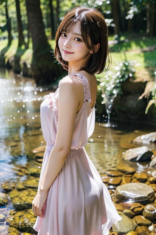 highest quality、Super detailed,、finely、High resolution、beautiful eyes、short hair、hair fluttering in the wind、brunette hair、Standing in the creek、20 year old beauty、Full body photo、cute smile、sheer pink dress、eight-headed body、Kicking up water with feet、beautiful woman、gravure、sexy、beautiful skin、japanese woman