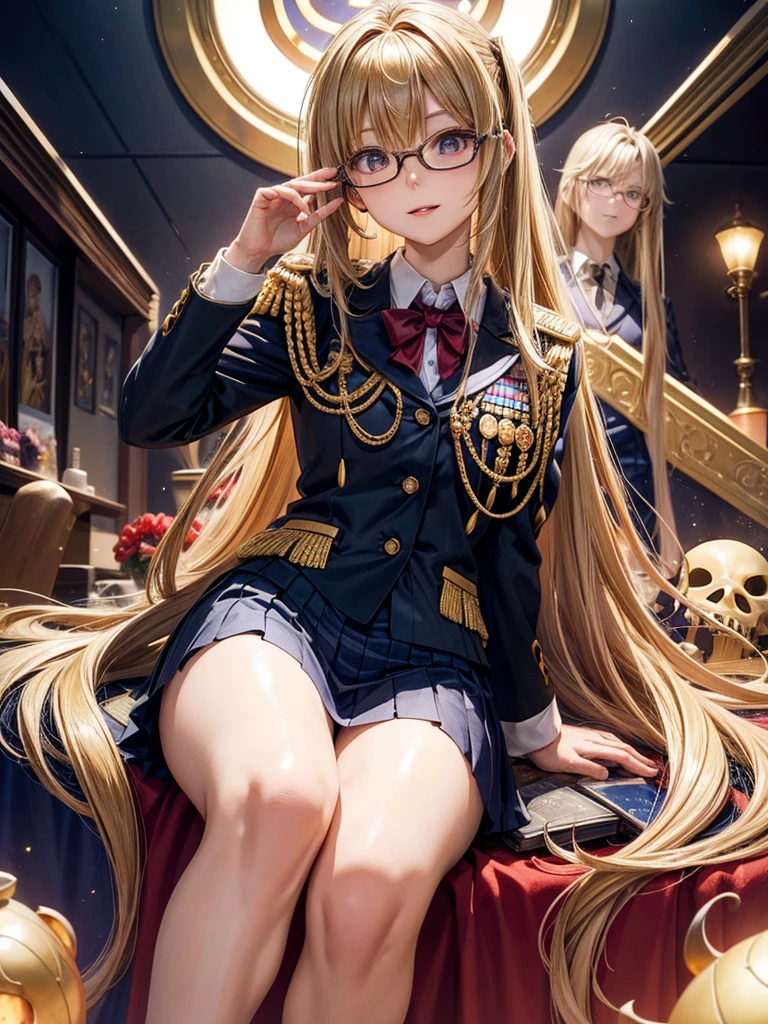 20 year old female、shiny hair quality、beautiful blonde、straight hair、super long hair、Shaggy Hair、Glasses、Glasses美人、high school girl、Demon King、Different world、reincarnation、uniform、skirt、cute、perfect skeleton