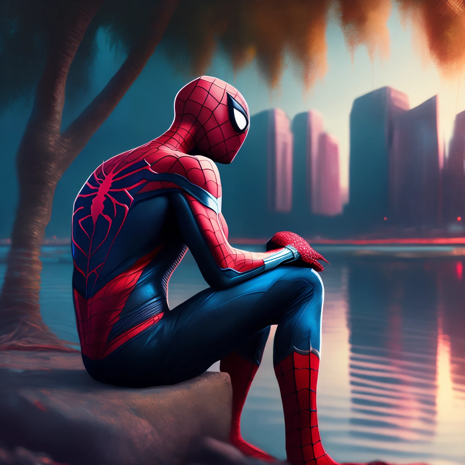 Spider man,Cyberpunk,8k. Sit relaxed by the river