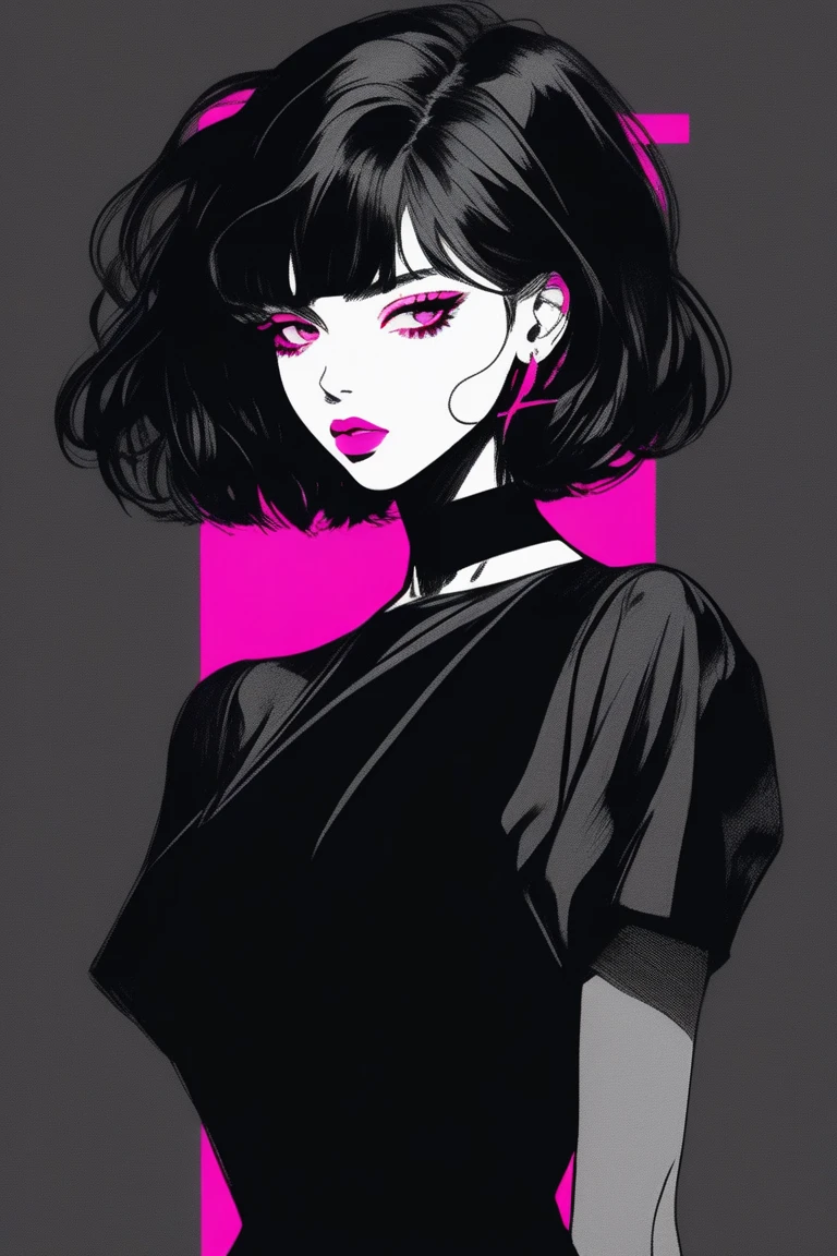 (best quality, sketch:1.2),realistic,illustrator,anime,1 girl, detailed lips, black dress8,custom, (background dark monochrome),neon hair,textured cropping, masterpiece, style retro classic, noir dark, art, sketch book, (bob hair black:1.75 neon:1.32), bad women , dark shadows