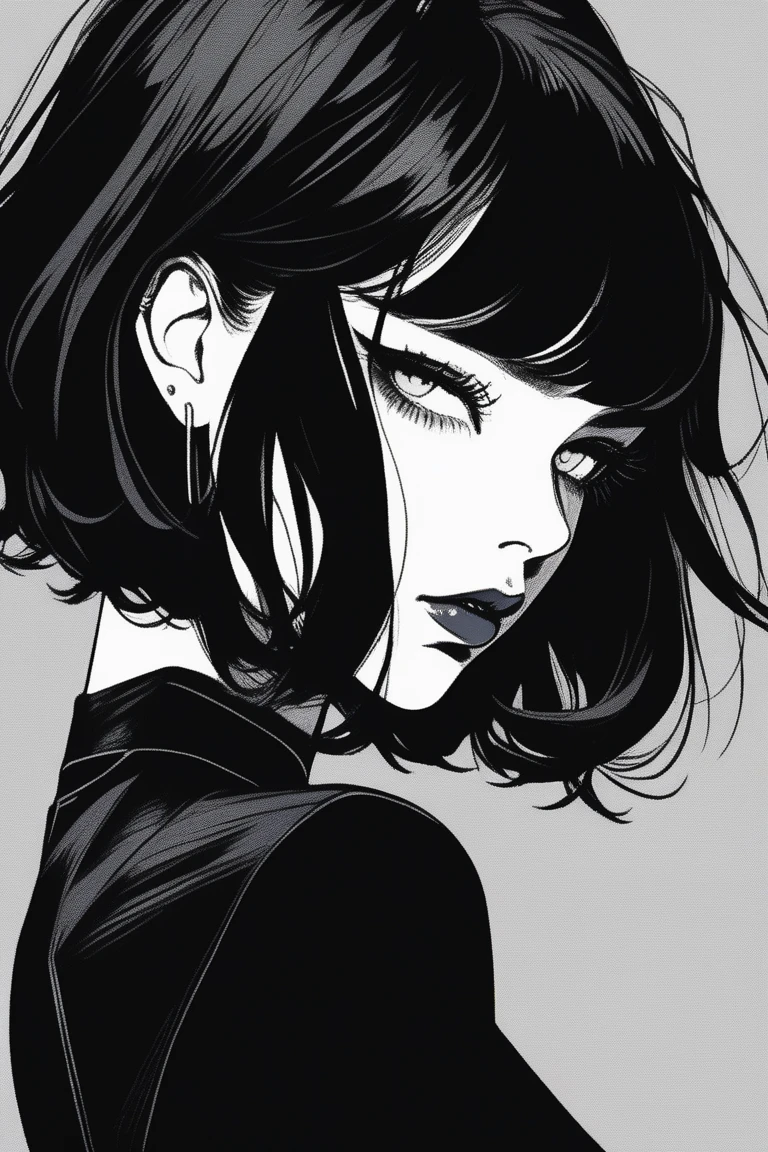 (best quality, sketch:1.2),realistic,illustrator,anime,1 girl, detailed lips, black dress8,custom, (background dark monochrome),neon hair,textured cropping, masterpiece, style retro classic, noir dark, art, sketch book, (bob hair black:1.75 neon:1.32), bad women , dark shadows 