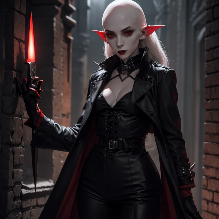 Nosferatu woman pale skin pointed ears hairless with eyebrow piercing red trench coat black lates pants gloves with spikes holding a knife 