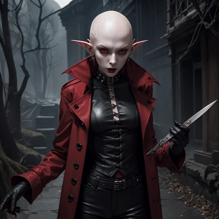 Nosferatu woman pale skin pointed ears hairless with eyebrow piercing red trench coat black lates pants gloves with spikes holding a knife 