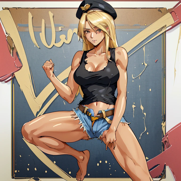 A beautiful blonde woman, long hair, tall body, beautiful anime face, face in love, super high quality, masterpiece, black police hat, white tank top, nice body, navel visible, torn denim shorts, crotch emphasis, crotch touching, sexy pose, one knee up