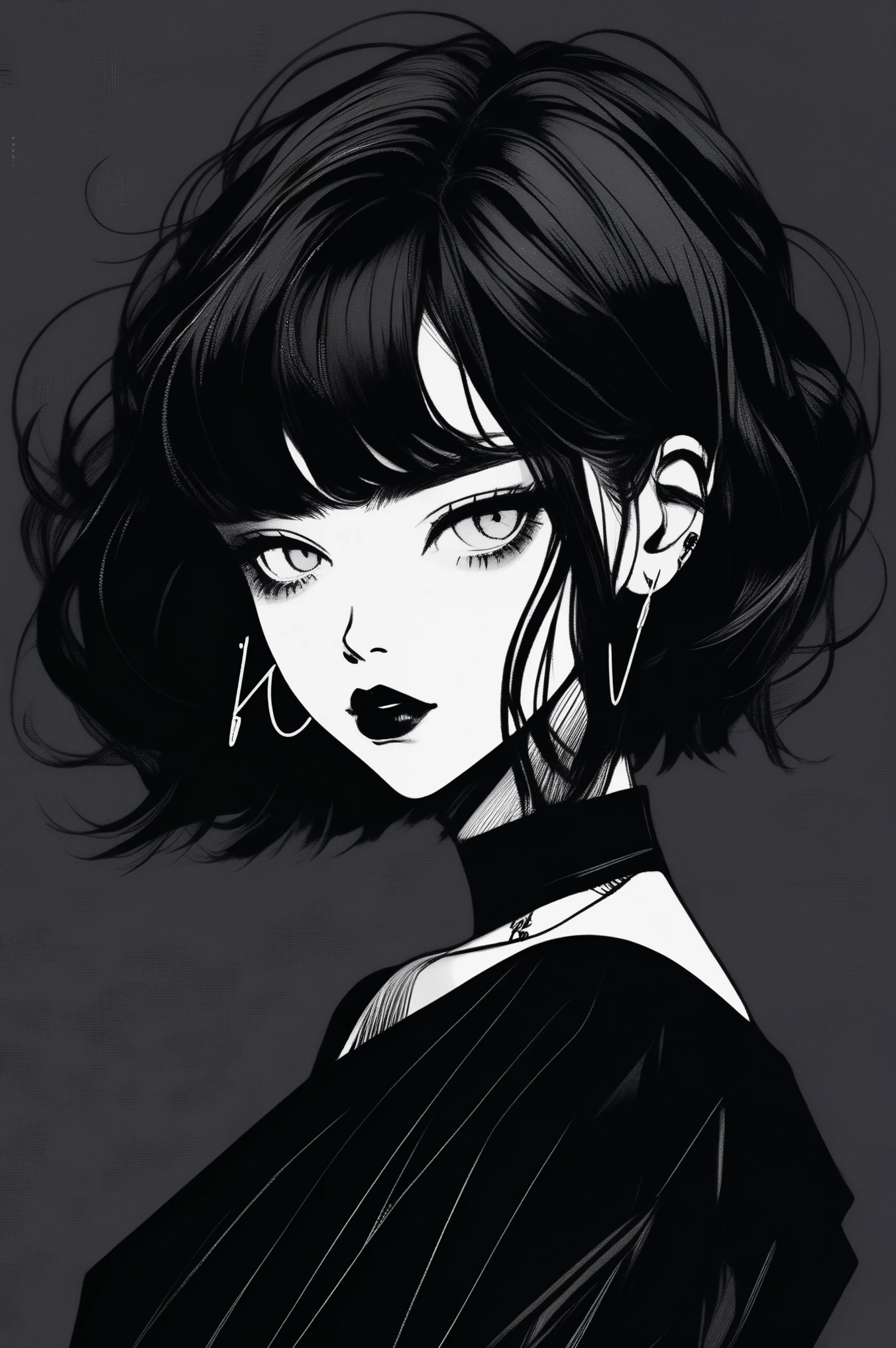 (best quality, sketch:1.2),realistic,illustrator,anime,1 girl, detailed lips, black dress,custom, (background dark monochrome),neon hair,textured cropping, masterpiece, style retro classic, noir dark, art, sketch book, (bob hair black:1.75 neon:1.32), bad women , dark monochrome background 