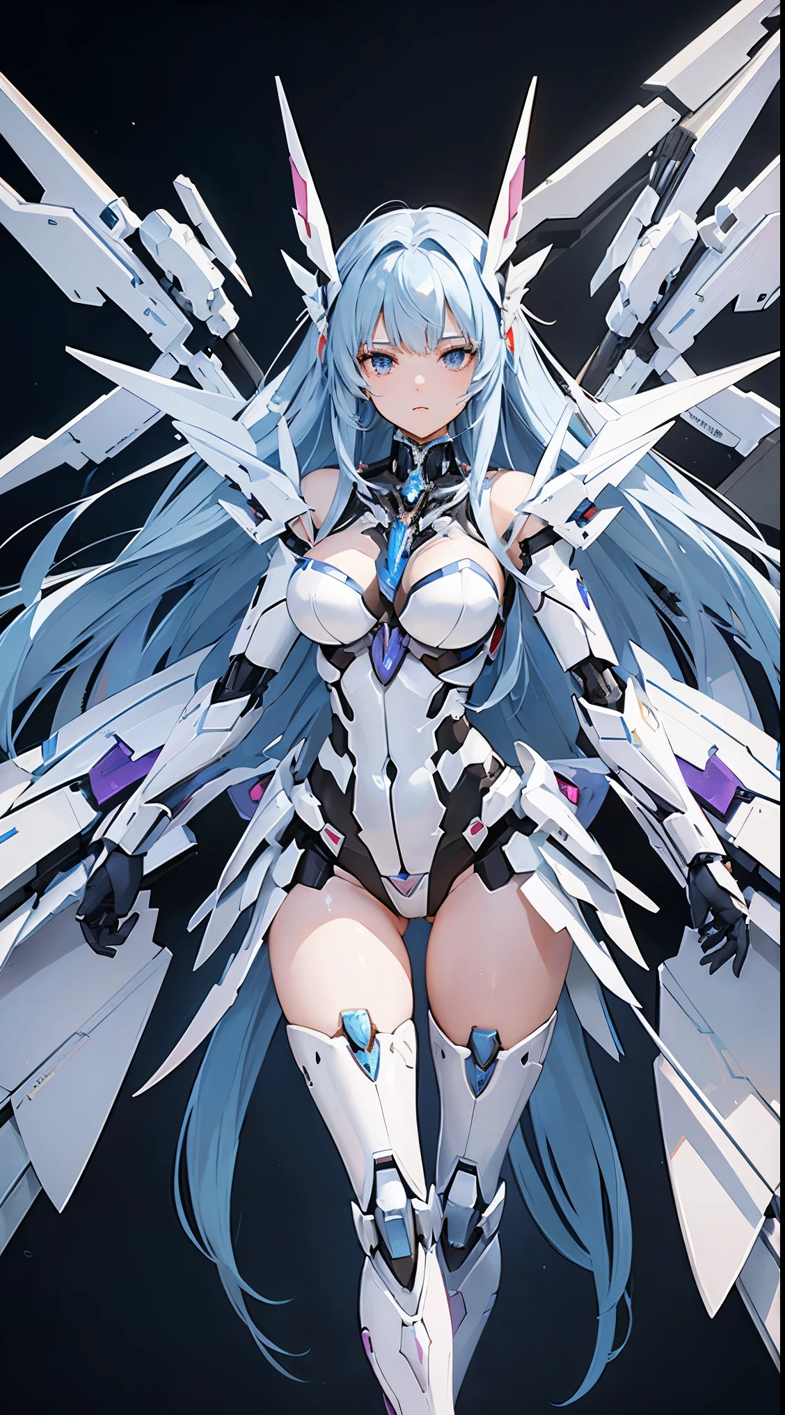 ((8K)), ((32k)), ((highest quality)), ((masterpiece)), ((超A high resolution)), ((T Masterpiece)), fine skin texture, fine cloth texture, fine metal texture、((beautiful and detailed face))、Raw photo、Professional, Ultra-fine painting, ((solo)), ((Mechaエンジェルに扮した女性)), beautiful breasts, concept art, anime fantasy artwork, detailed fantasy art, (with pale blue-violet hair and large white wings,,), (((long hair))), (Mecha:1.6)Sleek and menacing design, ((Armament of the Supreme Commander-in-Chief)), (perfect robot body)、Pure white and blue-purple armor, symmetrical wings, 8K high quality detailed art, 3D rendering of character art in 8K, clear legs, defined, defined fingers, NSFW、((head shot:1.3))
