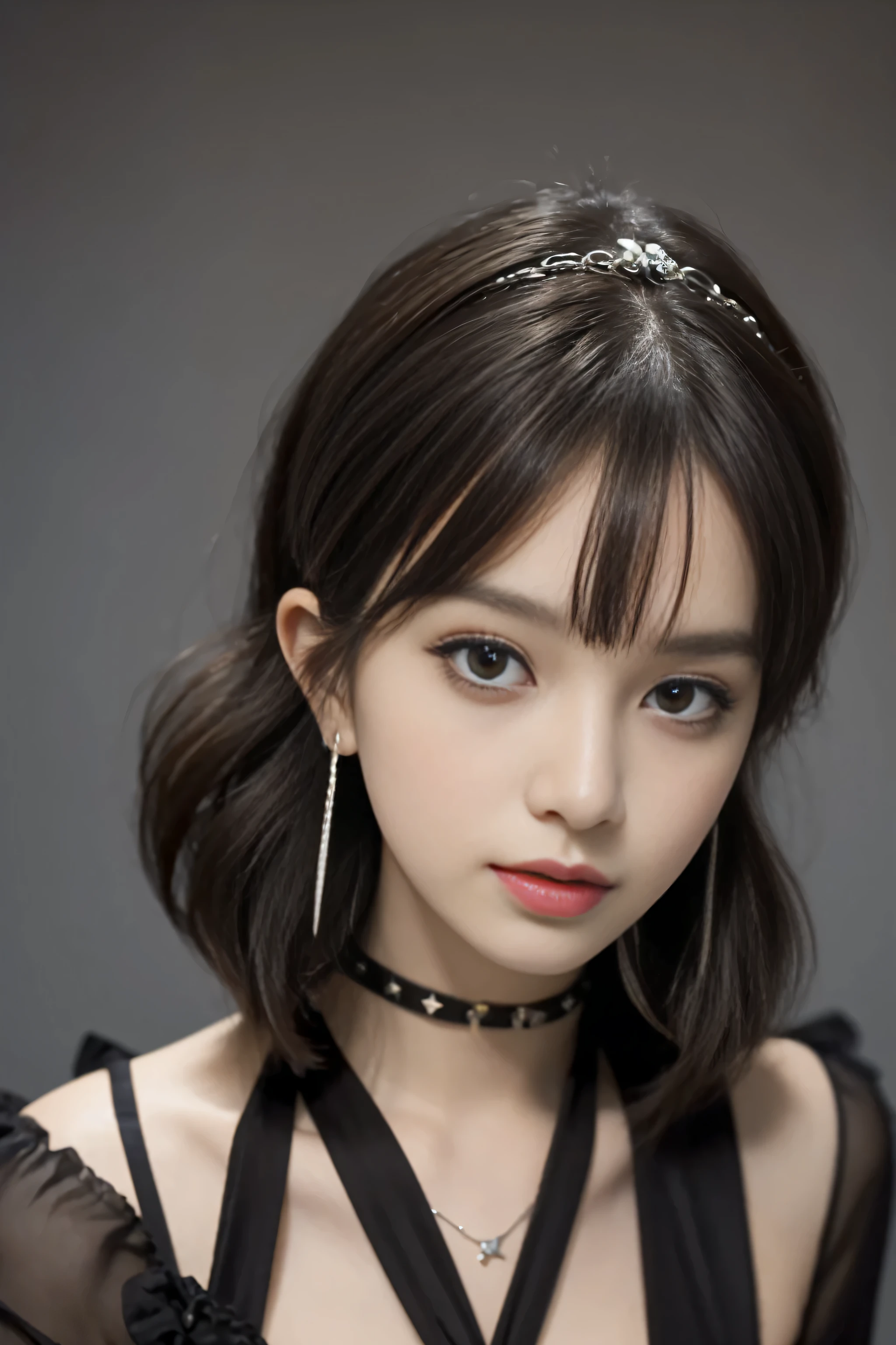 (((masterpiece, highest quality, Super detailed))), 1 female,full body shot,shot from below, (((very thin body))) , (((length, thin legs))), (((black short hair, thick and fluffy bangs ))), (((highly detailed face))), cosmetics free, small and thin nose, small thin mouth, (((Very sharp focused eyes))), Japanese, beautiful face, (lifelike face), beautiful hairstyle, realistic eyes, fine and beautiful eyes, (real looking skin), beautiful skin, charm, Photo shoot that recreates Tim Burton'world view、The dark and mysterious costumes are also one of the highlights..。Victorian style black or dark grey lingerie、Design with gothic elements.。Accessories include leather items and studs.、chain is important。model'You can also create a spooky and unique hairstyle..。High image quality、Capturing every detail clearly、,、Use a bright and vibrant color palette。As background:、Carefully selected mysterious and strange cityscapes and fantastic locations that appear in the work..、Creates images with Tim Burton's signature dark shadows and bizarre details。.。