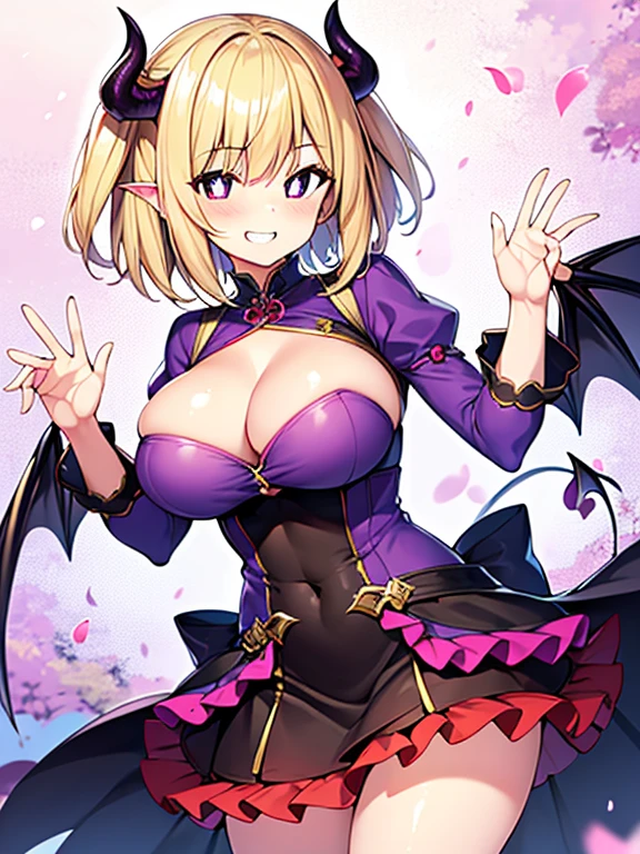 front pin, Succubus, 1 girl, alone, highest quality, Succubus dress, purple clothes, contrasting, layered skirt, short hair, blonde hair, shiny hair, white pupils, grin and laugh, grin, big breasts, stylish pose, ruffle dress, cute,