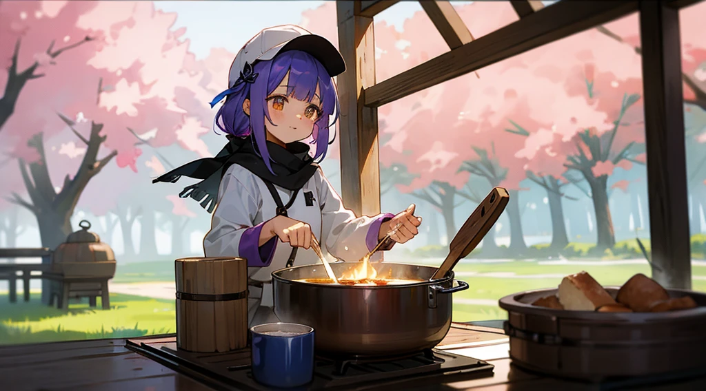 campしている女の子、Inner color mesh purple、two tone hairstyle、Scarf、golden eyes、horn、My eyes are sparkling、ear piercing、bellflower flower、belly button、ingredients、cooking、camper、Spring Cap、camp、Cherry Blossom、nature、bonfire、camp飯、camp道具、sunny、frying pan、pot、toast、、river、wood