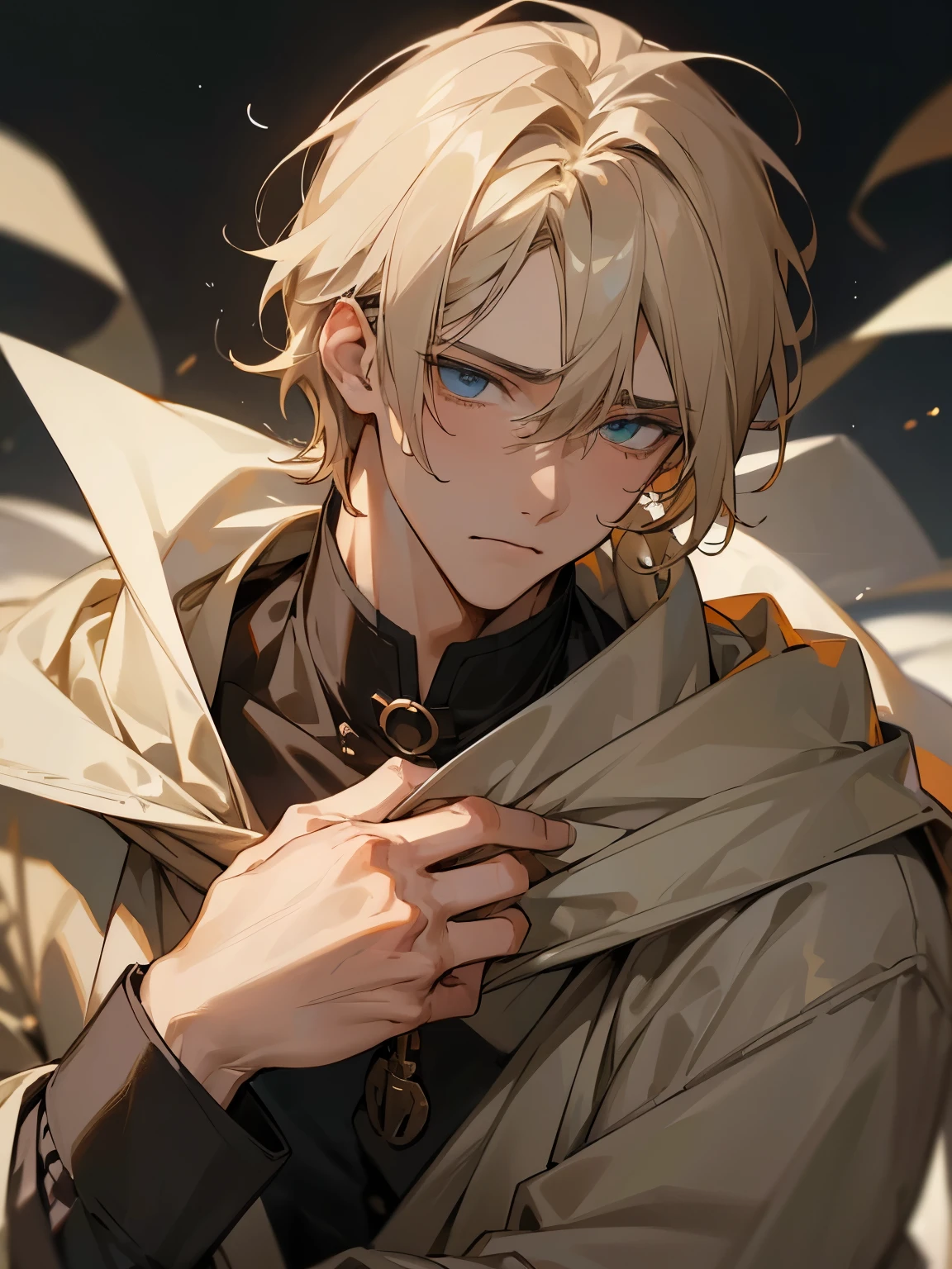 ((best quality)), ((muste piece)), perfect face,1 male,man in his 20s,Handsome guy,solo,cling to,troubled face,beige hair,Entreaty,I am going to cry,