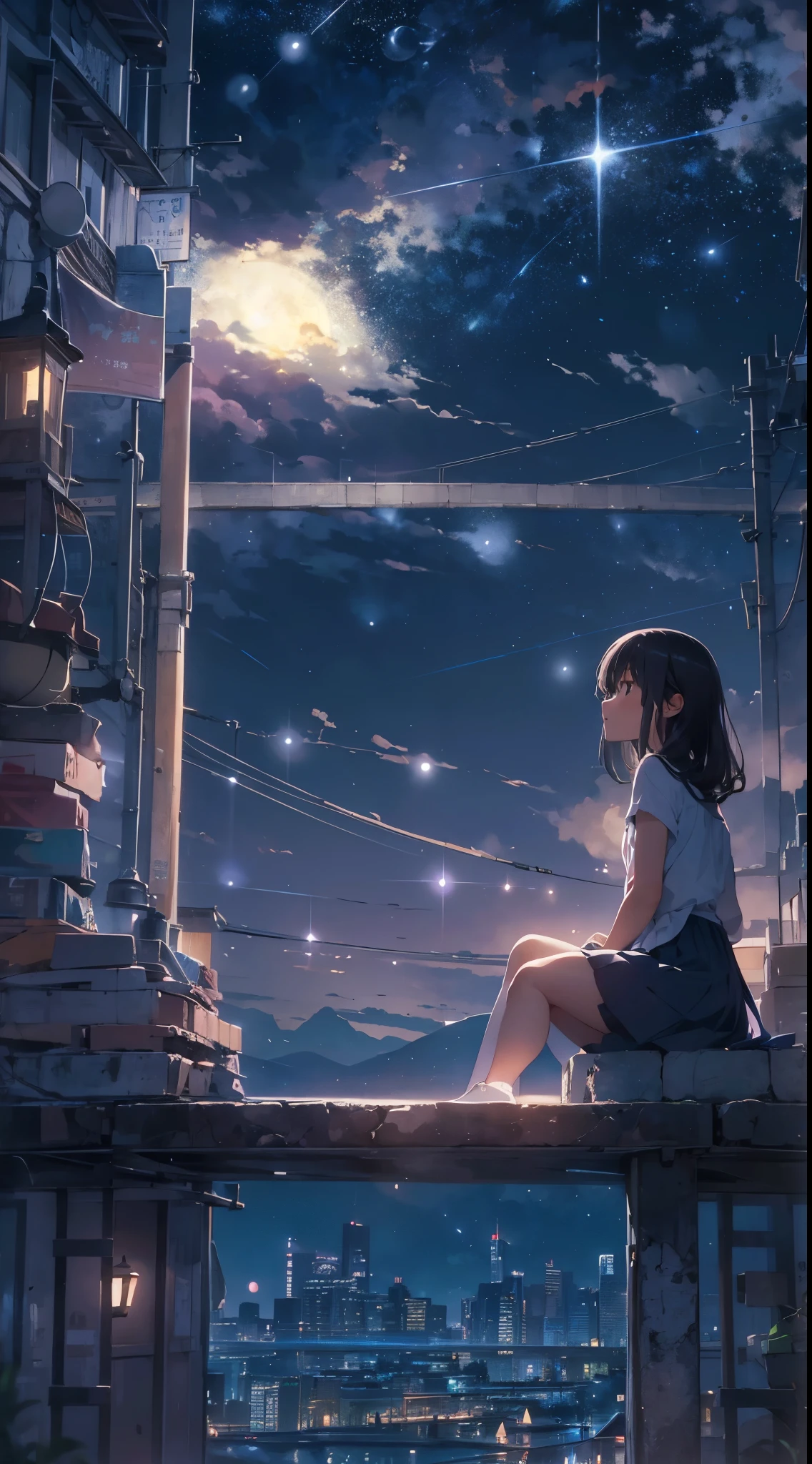 quiet night,The starry sky is bright,A girl was sitting on the roof。She looked up at the starry sky in silence,Enjoy this peaceful night,Girl wears a light dress,skirt fluttering in the wind,her long hair shone in the moonlight,Breathe a fresh breath,stars shining in the night sky,It was like they were winking at the girl.,As if I wanted to share this beautiful moment with her.,The roof bricks take on an ancient beauty in the moonlight.,Contrast with the neon lights of the city,The girl gently opened her eyes,She seems to have felt the beauty of this world.,In the starlight her face looked calm and serene.,Her body gently swayed in the night breeze,It's as if you too have become one with this peaceful night.,It is a painting filled with quiet beauty and gentleness.,people々Make the night sky mysterious and quiet,view from a distance, atmosphere lighting, focus on individual, Close-up, Viewed from the side, Depth of the bounds written, background bokeh,best quality,master piece,very detailed,detailed background,