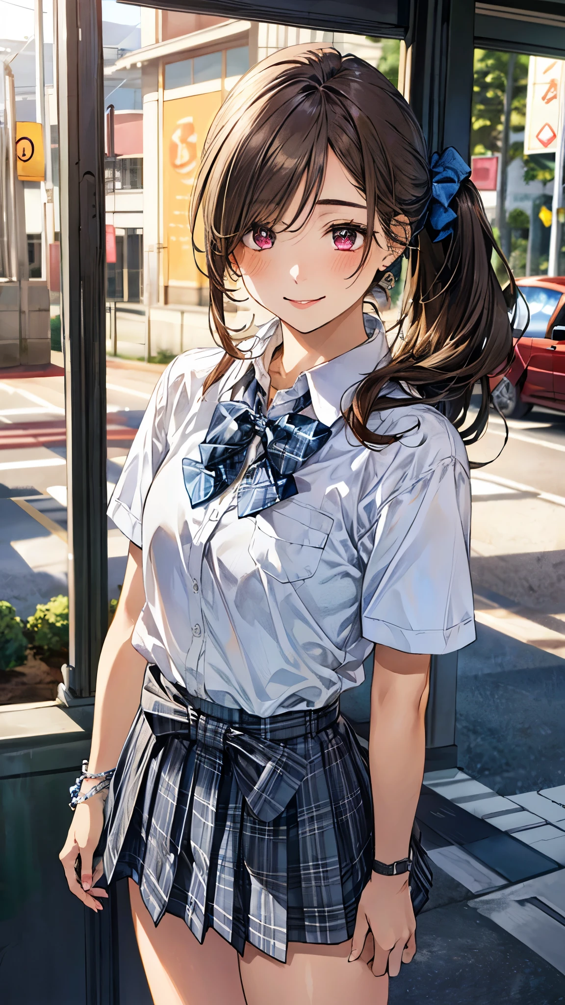 (masterpiece:1.2, top-quality), (realistic, photorealistic:1.4), beautiful illustration, (natural side lighting, movie lighting),
looking at viewer, full body, front view:0.6, 1 girl, japanese, high school girl, perfect face, cute and symmetrical face, suntan, shiny skin,
(long hair:1.5, side ponytail:1.4, brown hair), hair over one eye:1.4, maroon eyes, long eye lasher, (large breasts:0.6),
beautiful hair, beautiful face, beautiful detailed eyes, beautiful clavicle, beautiful body, beautiful chest, beautiful thigh, beautiful legs, beautiful fingers,
((collared short sleeve shirt, white shirt, , grey plaid pleated skirt, blue plaid bow tie), wrist chakra),
(beautiful scenery), school, (standing, open legs, skirt hold), (lovely smile, upper eyes),
