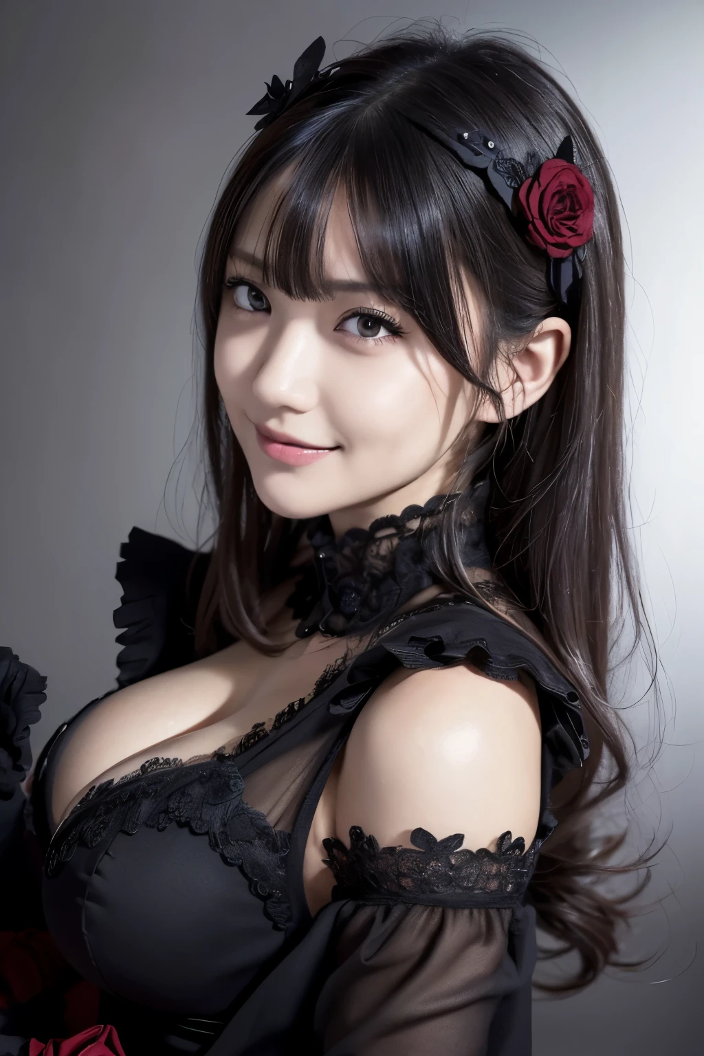 absurderes, masutepiece, Best Quality, nffsw, 1girl in, Mature Woman, (Sharp Focus), Villain's smile, medium breasts, (Hair on long black background), (grey eyes), (Detailed eyes), Gothic lace costumes, Black and Red theme, Realism, Black_castle, Ultra-detailed, Vivid, Intricate details, Photorealistic