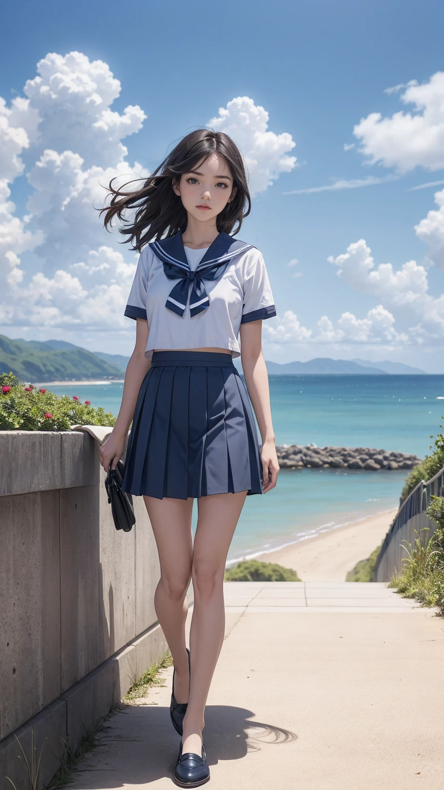 ((最high quality, 8K, masterpiece: 1.3, Ultra HD, high quality, 最high quality, High resolution, realism)) 、An extremely beautiful 18-year-old Japanese woman、hair color is black、black eye、medium hair、straight hair、smile、Slender but well-proportioned muscular body、Athlete-like body type、I don't want my head to disappear from the screen.、Walk on a high seawall at the beach、I put my hand on my forehead and look at the sea、The blue sky is beautiful、There is an entrance cloud、It's summer、I'm wearing a sailor suit、Wear a navy blue pleated skirt、wear loafers、There is a road in front of the breakwater、There is a sign indicating the bus stop.