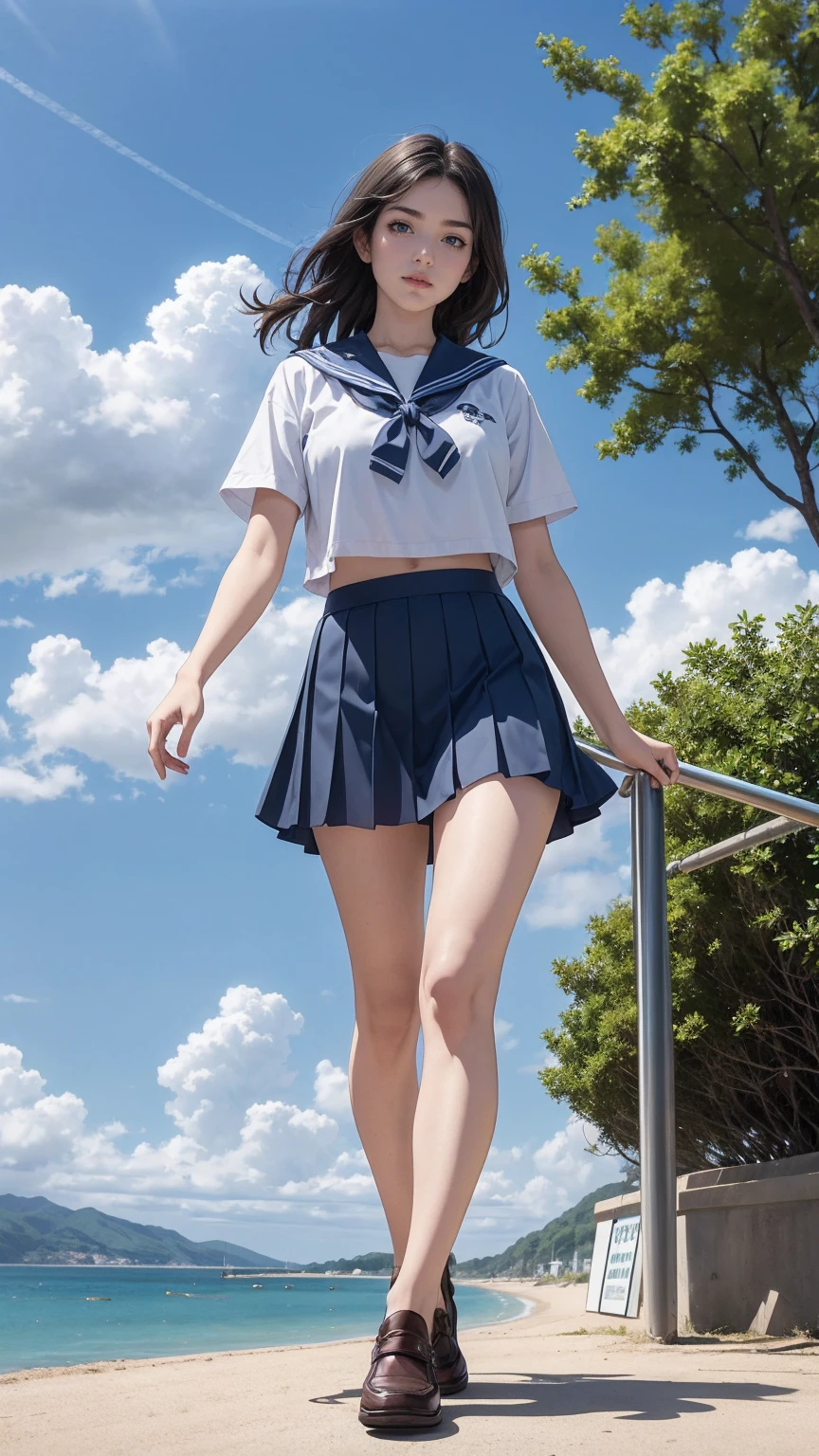 (最high quality, 8K, masterpiece: 1.3, Ultra HD, high quality, 最high quality, High resolution, realism)) 、slender、slenderだがアスリートのような細マッチョ、I don't want my head to disappear from the screen.、inner color((colored inner hair))、Smile((smile))、black hair((black hair))、black eye、Summer Clothes((white))wear a sailor suit、Navel visible、Wear a navy blue pleated skirt、white靴下履く、Vertical roll on one side((side drill))、summer blue sky、There is a contrail between the clouds、Low-angle perspective、Lush、front ponytail((front ponytail))