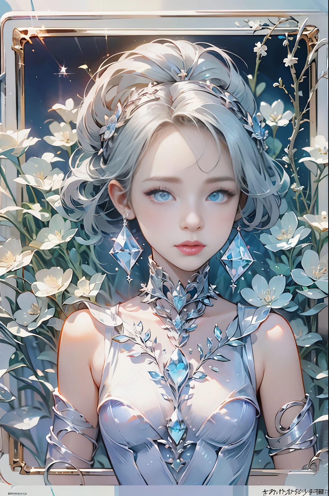 The hair is covered with beautiful and delicate floral craftsmanship, Crystal jewelry filigree， jewelry， and Ultra-detailed details， Beautiful aristocratic girl，Gray hair is elegantly coiled，(((Silvertone)))， golden colored。 Blue and purple clear eyes， crystal， Illusion.