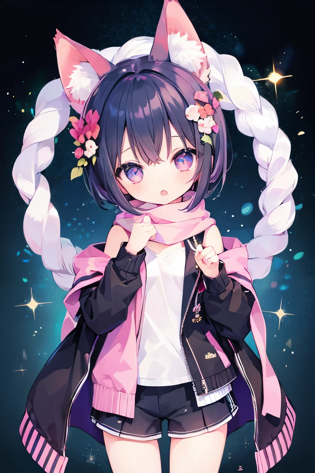Very beautiful and shining eyes、shining eyes、((1 girl))、small breasts、big mouth、high school girl、small breasts、Cat ear、Transparent pink short hair、scarf、hot pants、transparent clothes、childish clothes、7 girl