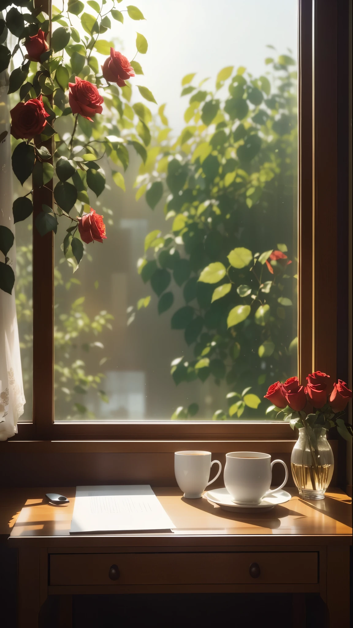 there is a cup of coffee on a table by a window, summer morning light, radiant morning light, cinematic morning light, sunny morning light, vignette of windowsill, morning atmosphere, morning golden hour, romantic atmosphere, summer morning, soft morning light, cozy cafe background, hard morning light, early morning mood, photo of a beautiful window, afternoon sunlight