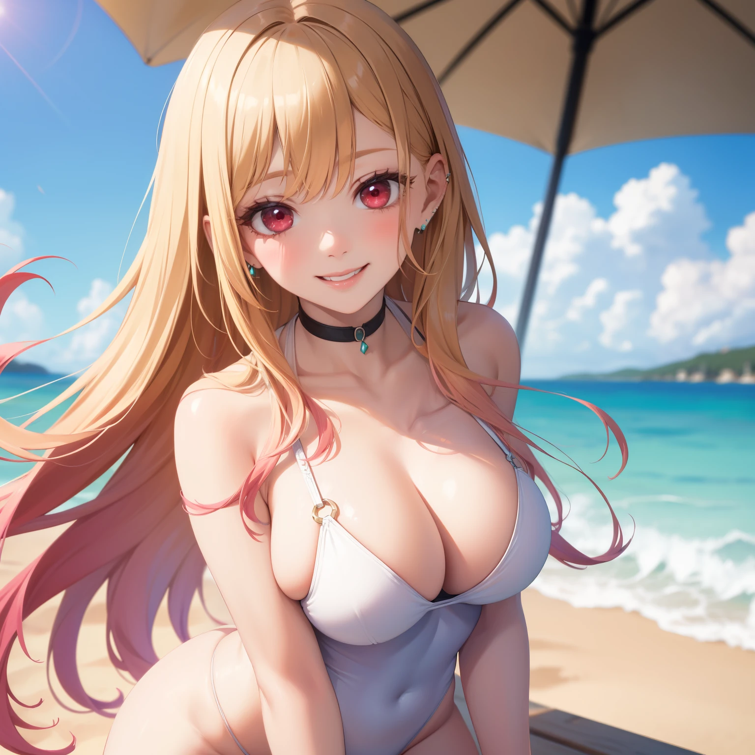 Absurd resolution, high resolution , high quality, (masterpiece:1.4), ultra-detailed ,super detailed skin, (((Solo))), 1girl in, Red Eyes, medium breasts, Long hair, a blond, Straight hair, Bangs, earrings, cleavage, (((White High-cut swimsuit))), light smile, (sandy beach),