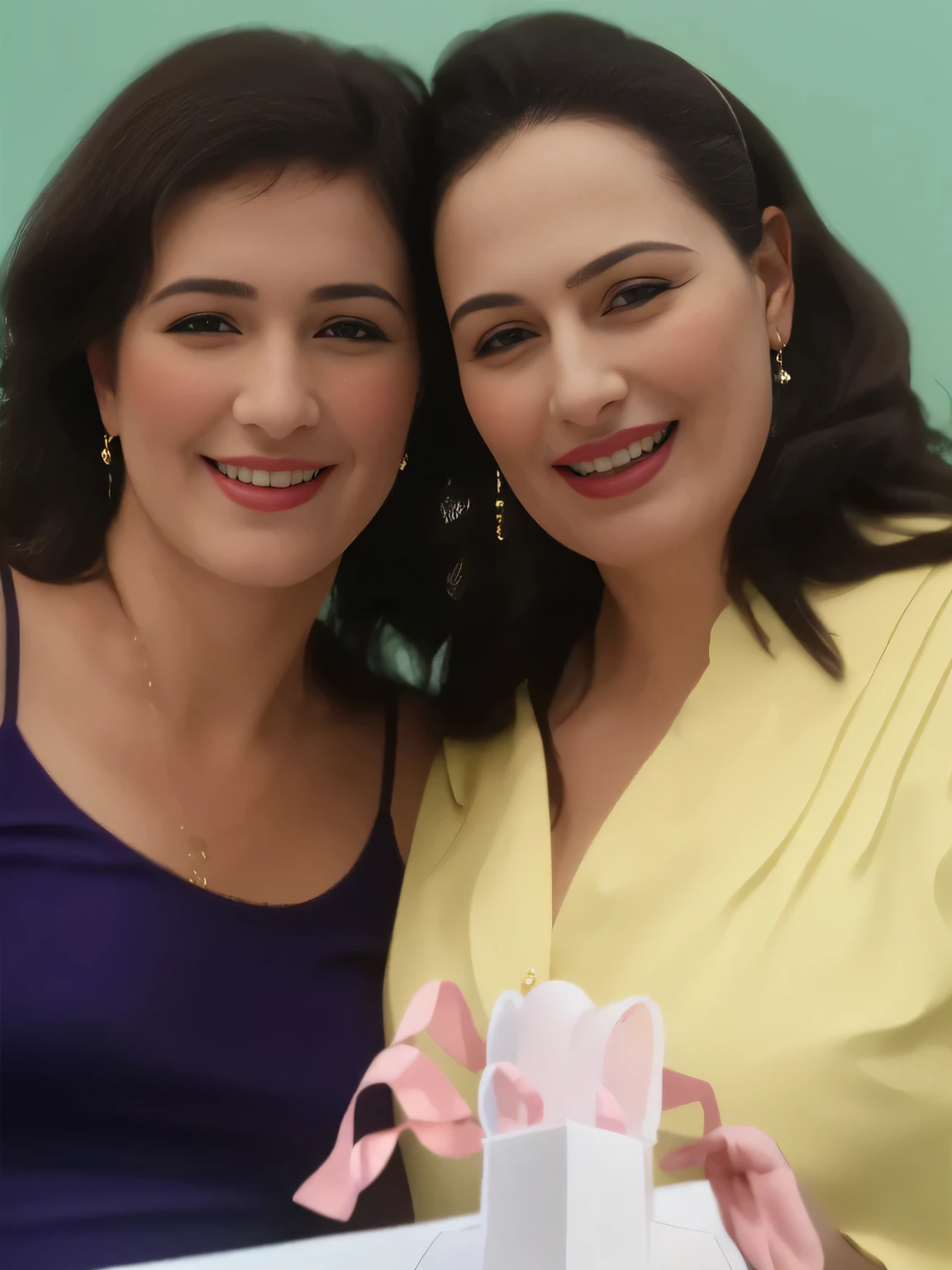 two women pose for a photo with a cake in a box, well defined, modeling for dolce and gabbana, High quality, high resolution, 8k.