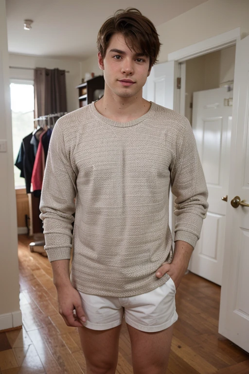 Best quality a cute guy wearing clothes while showing his feet at the camera.
