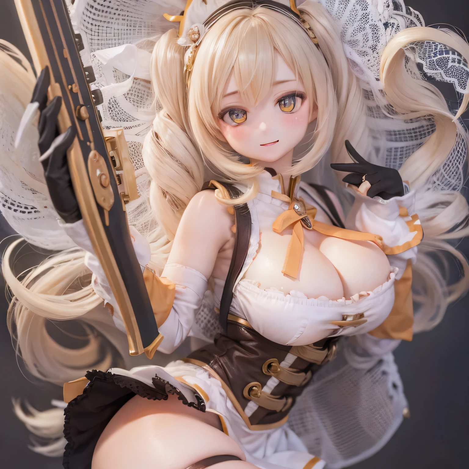 (best quality,ultra-detailed,realistic:1.37),beautiful detailed eyes,perfect face,huge smile,closed mouth
Mami Tomoe from Puella Magi Madoka Magica in a sexy pose with a musket rifle
seductive smile,flawless 30-year-old face,thick lips,curly big buttocks
(wearing a dress),(makeup)
ultra-high resolution photorealistic contrapposto.