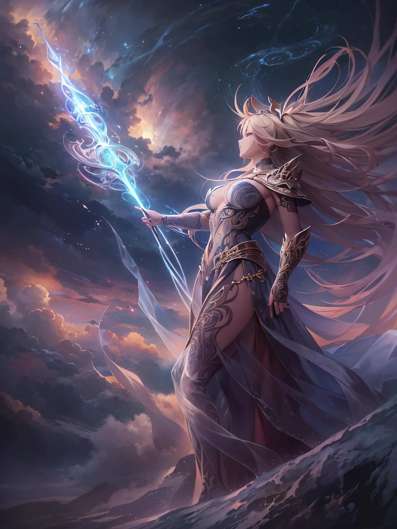 ((highest quality)),(ultra high resolution),(Super detailed),(detailed description),((best CG)),(best work of art),super precision art,amazing drawing art,(Fantasy art with intricate detail:1.5), A spear of light that pierces heaven and earth,Lightning emanating from the aurora cuts through the night sky,Angels blowing the trumpets of the end