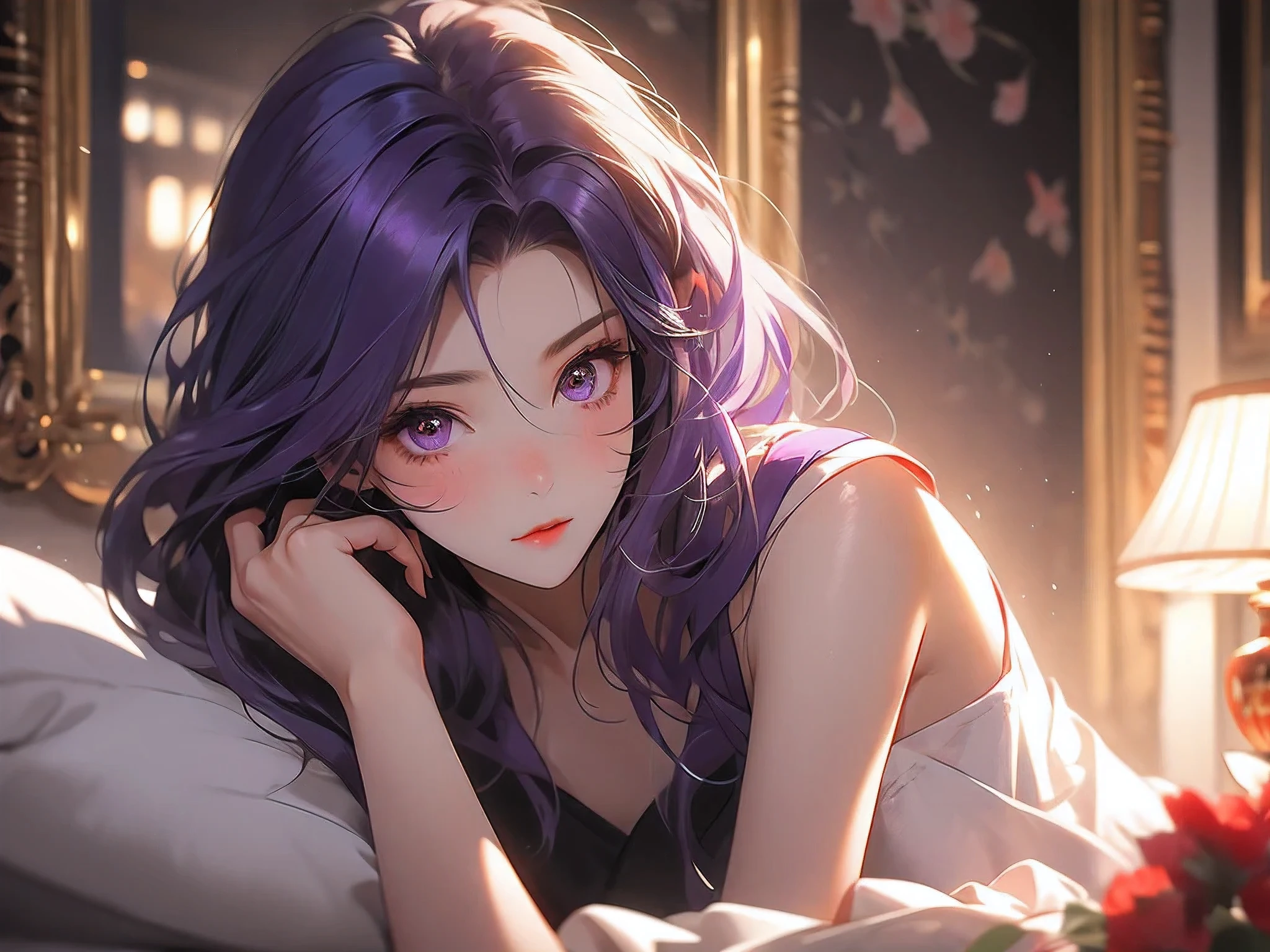 score_9, score_8_up, score_7_up, high quality ,masterpiece ,best quality ,Lying face up on the bed,In the bedroom,girl,Cute Face,,Poke out your lips, large breast ,Beautiful Skin,_Shogun_Genshin Impact, Purple long hair,Both eyes closed,Slouching,hold out both hands to the viewer,Put your hands out in front of you