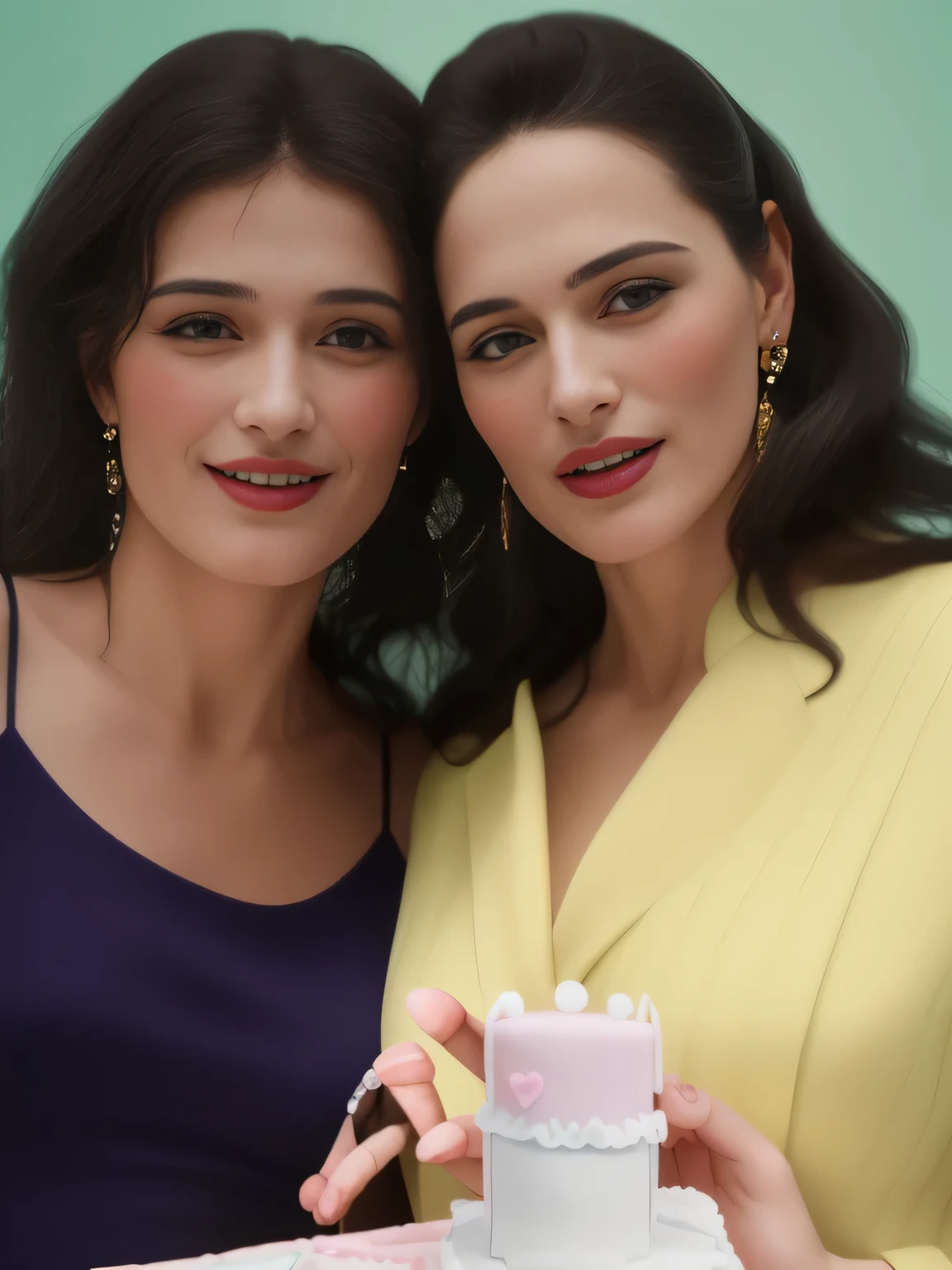 two women pose for a photo with a cake in a box, well defined, modeling for dolce and gabbana, High quality, high resolution, 8k.
