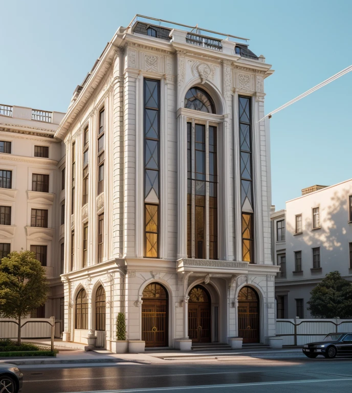 ((masterpiece,best quality,highres,sharp forcus)) (((detail forcus))) , (house in style of neoclassic) Clarify the details of moldings, decorative patterns, and exteriors, RAW photo, masterpiece, (((10 floors house)))with a car parked in front of it, neo - classical style, rendered in lumion pro, classicism style, classicism artstyle, lumion render, rendered in lumion, architectural visualization, neoclassical style, in style of classicism, white light sun, rendered in vray, rendered in v-ray, rendered in unreal engine 3d, (photorealistic:1.2), best quality, ultra high res, exterior, architechture,modern house,(white wall:1.5), (detail gate black:1.4), (photorealistic:1.5), best quality, ultra high res, exterior,architechture,neoclassic house,(white wall:1.2), (detailed reliefs:1.2), (The front 1st floor has 4 windows), (the right side 1st floor has 4 windows), (the main side has three-step stairs), (the right side has three-step stairs) ,glass windows,,trees,traffic road, blue sky,in the style of realistic hyper-detailed rendering, luxury neoclassical villa, in the style of neoclassical scene, glass windows, (white navy roof:1.2), best quality, (straight strokedetail:1.1) roof top, (Intricate lines:1.5), ((Photorealism:1.5)),(((hyper detail:1.5))), archdaily, award winning design, (dynamic light:1.3), (night light:1.2), (perfect light:1.3), (shimering light :1.4), refection glass windows, (curved line architecture arch:1.2), trees, beautiful sky, photorealistic, FKAA, TXAA, RTX, SSAO, Post Processing, Post-Production, CGI, VFX, SFX, Full color,((Unreal Engine 5)), Canon EOS R5 Camera + Lens RF 45MP full-frame CMOS sensor, HDR, Realistic,8k,((Unreal Engine 5)), Cinematic intricate detail, extreme detail, science, hyper-detail, FKAA, super detail, super realistic, crazy detail, intricate detail, nice color grading, reflected light on glass, eye-catching wall lights, unreal engine 5, octane render, cinematic, trending on artstation, High-fidelity, Viwvid, Crisp, Sharp