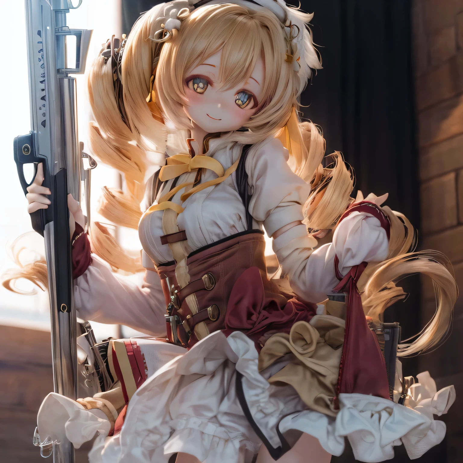 (best quality,ultra-detailed,realistic:1.37),beautiful detailed eyes,perfect face,huge smile,closed mouth
Mami Tomoe from Puella Magi Madoka Magica in a sexy pose with a musket rifle
seductive smile,flawless 30-year-old face,thick lips,curly big buttocks
(wearing a dress),(makeup)
ultra-high resolution photorealistic contrapposto.