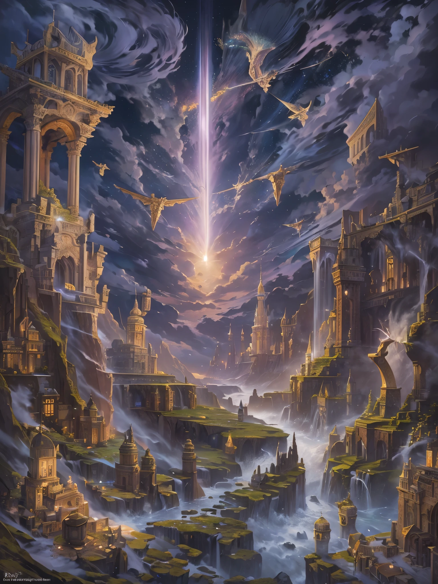 ((highest quality)),(ultra high resolution),(Super detailed),(detailed description),((best CG)),(best work of art),super precision art,amazing drawing art,(Fantasy art with intricate detail:1.5), A spear of light that pierces heaven and earth,Lightning emanating from the aurora cuts through the night sky,Angels blowing the trumpets of the end