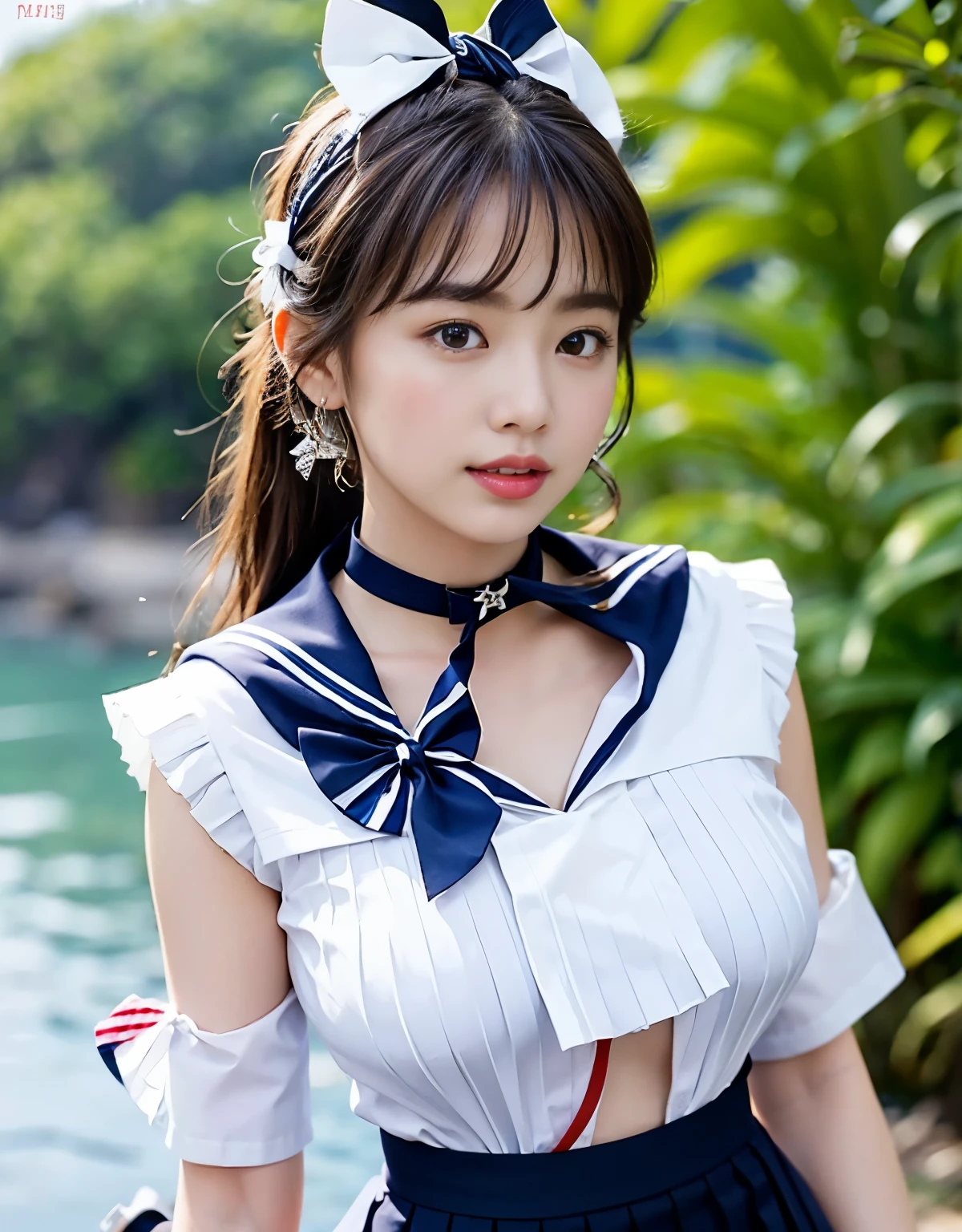 NSFW, 16k raw photos, highest quality, masterpiece, ultra high resolution, film grain, ((She is wearing (a high school sailor uniform).
(navy sailor collar:1.4),(white shirt:1.4),(navy pleats skirt:1.4),(navy bow:1.4))).film, 1 girl, look at the audience, Natural skin texture very heavy chest))),Realistic eye and face details, full lips, lipstick makeup), red eyeshadow, Fluffy ponytail hair, messy hair, A sloppy smile, beautiful legs, tall woman, skinny, slim_Legs, solo, huge breasts, cleavage, butt, shirt,, around the flower position, (detailed background,skimpy white shirt, huge breasts, cleavage, blurred background, plaid,, ((JK with a silver ribbon wrapped around her neck))),big JK ribbon, brown hair, bracelet, water, bangs, jewelry, parted lips,, Depth of bounds written、Underarm pussy、beautiful sea、water color striped pattern、beautiful sandy beach、