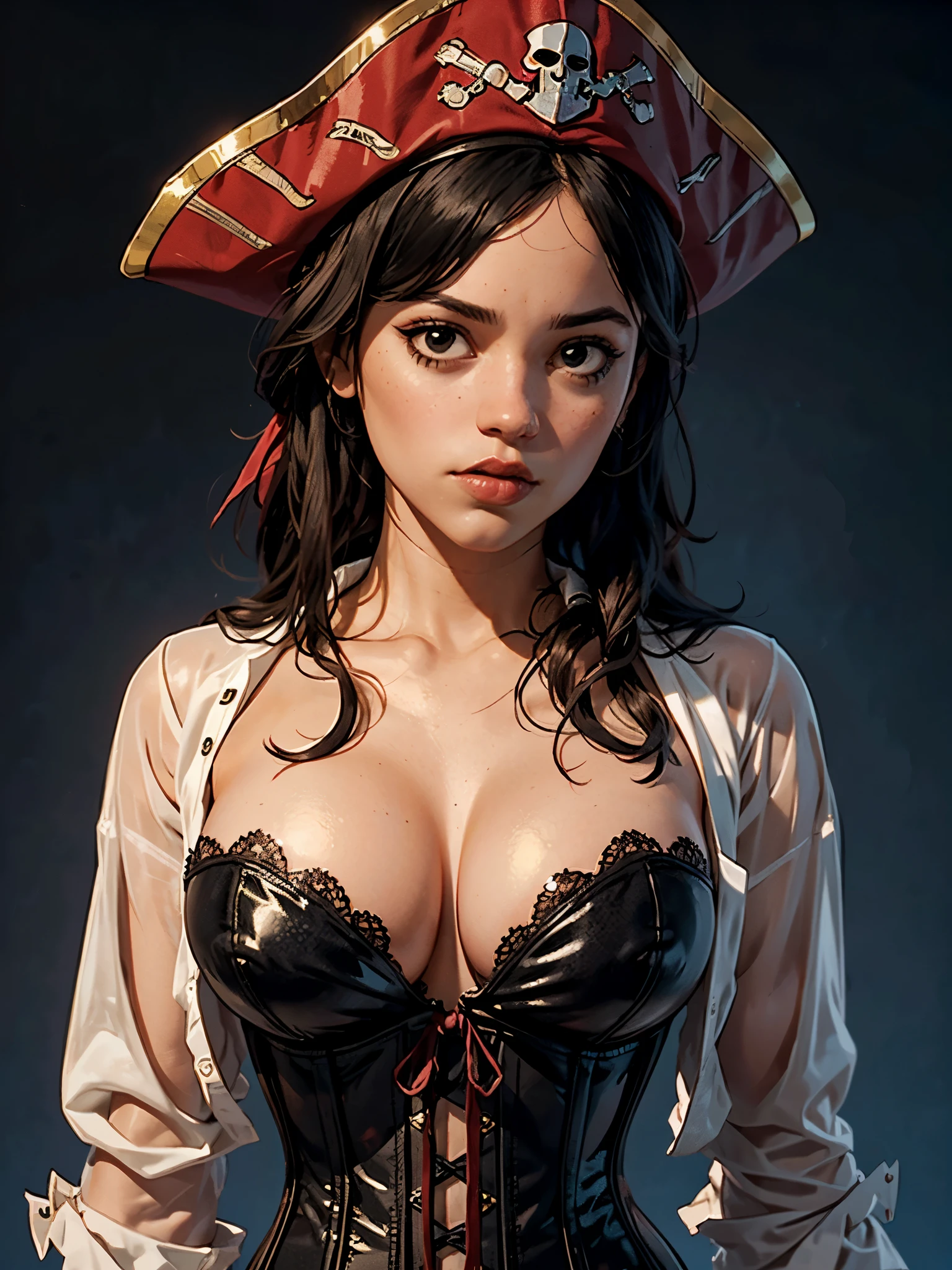 one girl, solo, (bust, upper body, front view:1.2), black eyes, jenna ortega, captain jack sparrow, pirate, pirate hat, pirate outfit, corset, (big breasts, giant breasts, cleavage:1.2), (masterpiece, highly detailed, look at viewer, shiny blured grey background, gradient sprayed background, blured background:1.2)