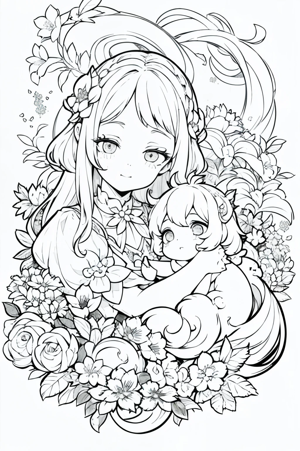 Obra maestra, superlativo,solamente, Dragon cute , flower line drawing background, fondo blanco, monocromo, line drawing, ((bosquejo)), spooky, white eyes, going merry, doodle,